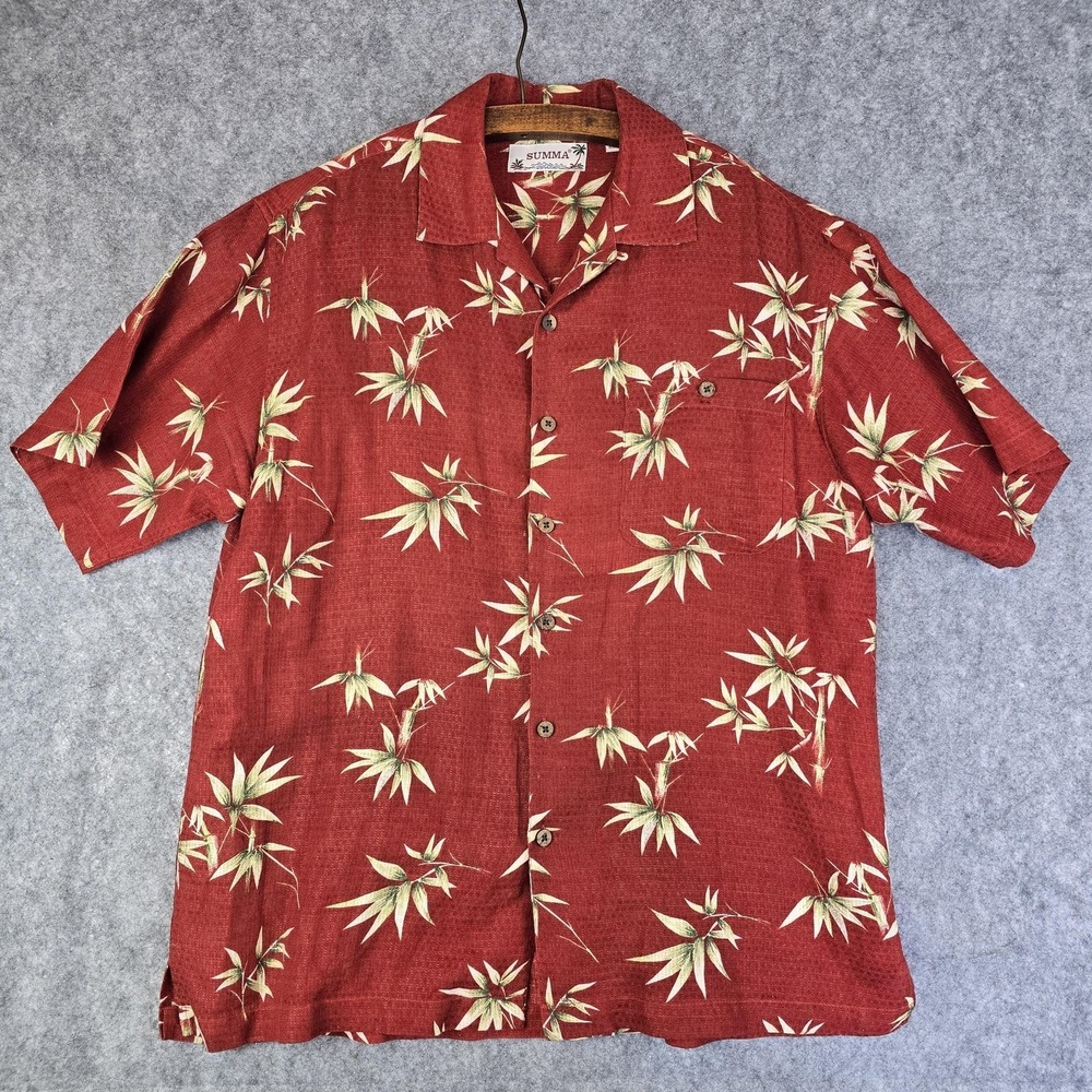 SUMMA Shirt Mens Large Red Linen Hawaiian Bamboo Aloha Button Up Tropical Casual